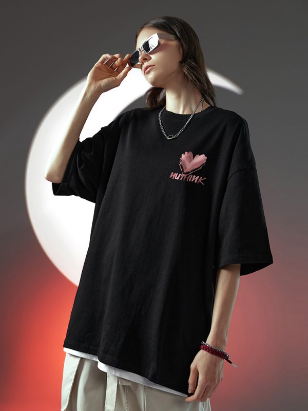 Trendy American Streetwear Heart Short Sleeve T-Shirt for Men, Oversized Loose Fit Couple's Tee, Fashionable Casual Style