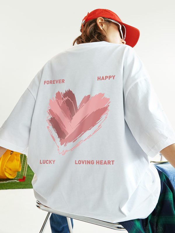 Trendy American Streetwear Heart Short Sleeve T-Shirt for Men, Oversized Loose Fit Couple's Tee, Fashionable Casual Style