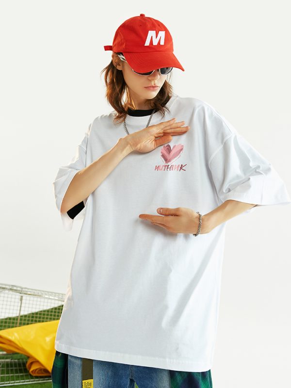 Trendy American Streetwear Heart Short Sleeve T-Shirt for Men, Oversized Loose Fit Couple's Tee, Fashionable Casual Style