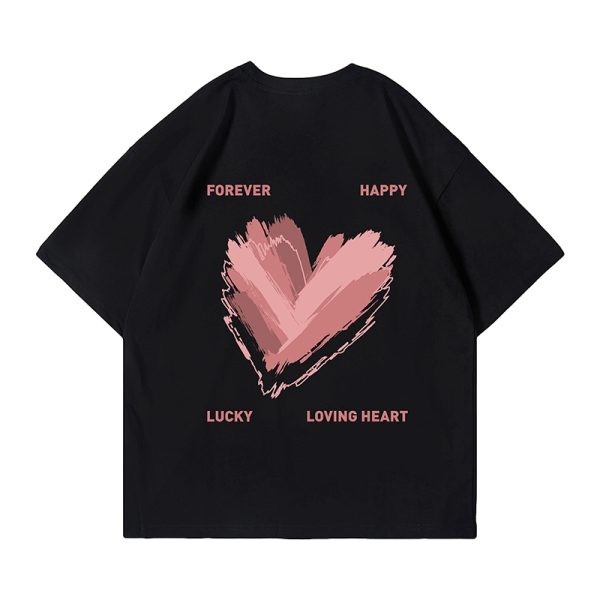 Trendy American Streetwear Heart Short Sleeve T-Shirt for Men, Oversized Loose Fit Couple's Tee, Fashionable Casual Style