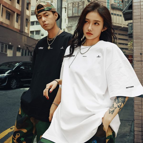 Trendy American Style Letter Short-Sleeve T-Shirt for Men, Loose Fit Plus Size, Cool 2025 Couple Style, Casual Streetwear Fashion