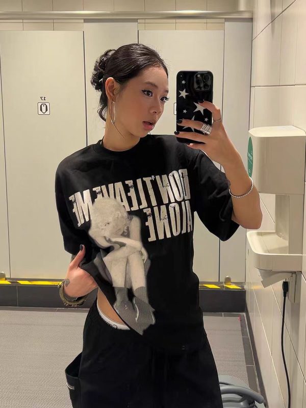 Trendy American-Style Portrait Printed Short-Sleeve T-Shirt for Women - Summer Loose Fit Pure Cotton Slimming Tee Top