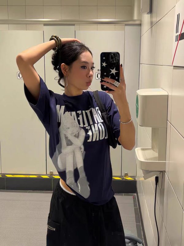 Trendy American-Style Portrait Printed Short-Sleeve T-Shirt for Women - Summer Loose Fit Pure Cotton Slimming Tee Top