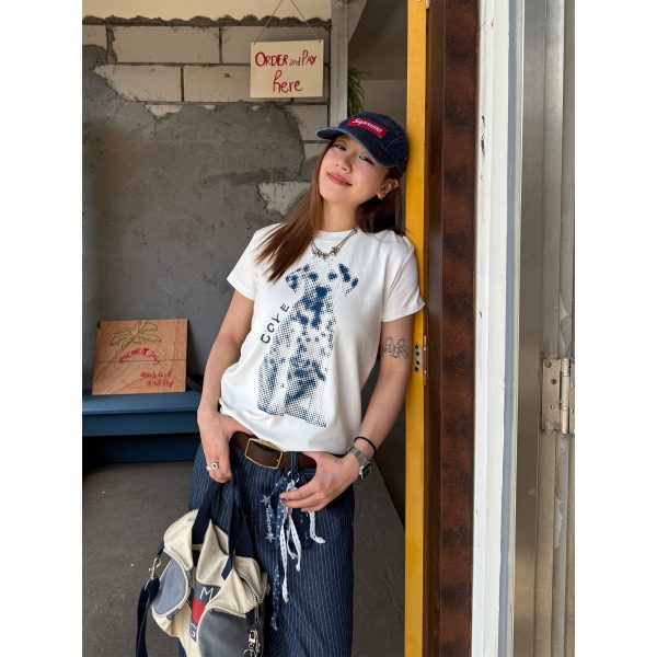 Trendy American Style Printed Dog T-Shirt for Women, Short Sleeve Round Neck, Stretchy and Slightly Loose Summer Top