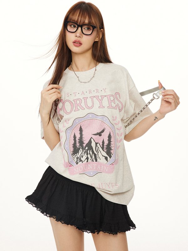 Trendy American Vintage Mountain Wheat Spike Loose T-Shirt for Men and Women - Spring Summer Short Sleeve Round Neck Fashion Top