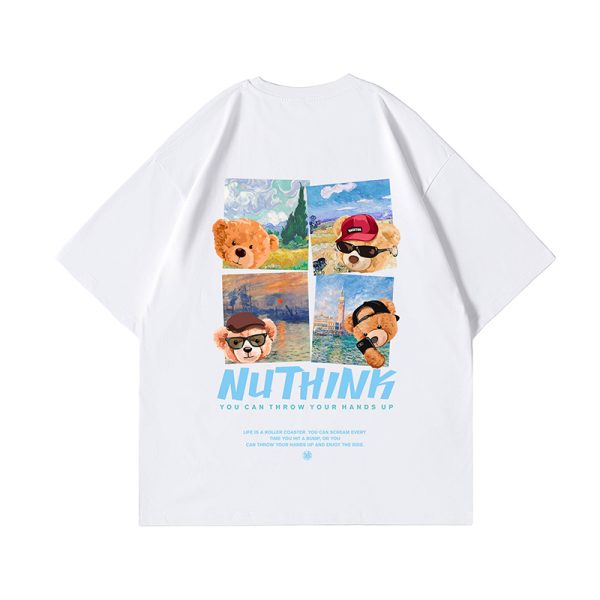 Trendy Cartoon Bear Loose Unisex Short Sleeve T-Shirt for Men and Women - Summer National Style Casual Tee
