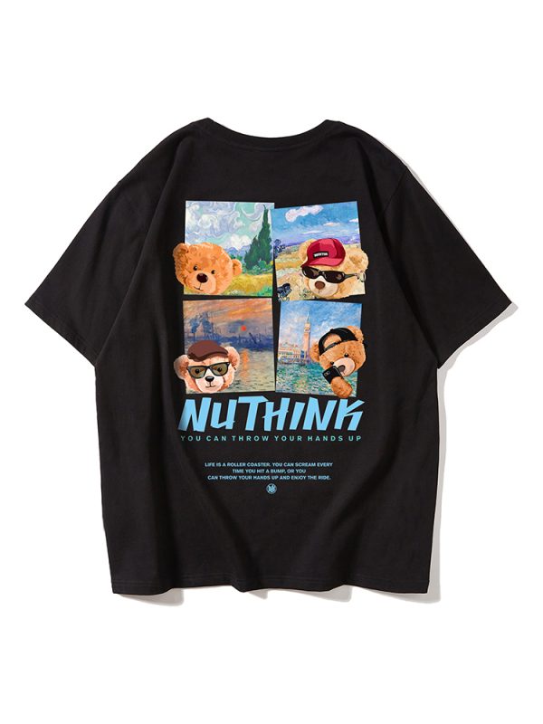 Trendy Cartoon Bear Loose Unisex Short Sleeve T-Shirt for Men and Women - Summer National Style Casual Tee