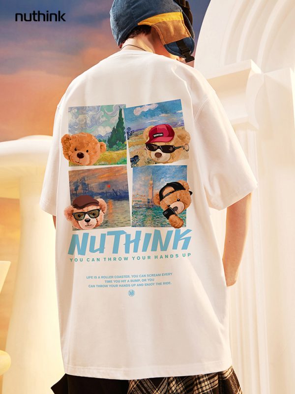 Trendy Cartoon Bear Loose Unisex Short Sleeve T-Shirt for Men and Women - Summer National Style Casual Tee