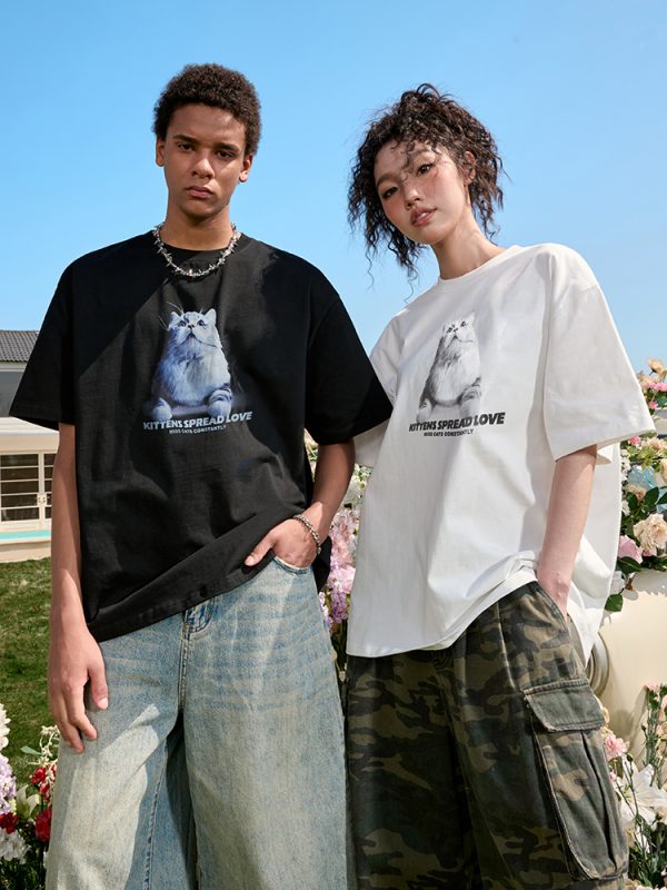 Trendy Cat Print Short Sleeve T-Shirt for Couples, American Vintage Loose Fit, Unisex Summer Style 2025, Y2K Aesthetic
