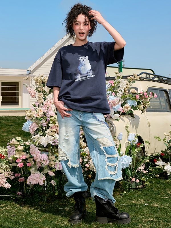 Trendy Cat Print Short Sleeve T-Shirt for Couples, American Vintage Loose Fit, Unisex Summer Style 2025, Y2K Aesthetic