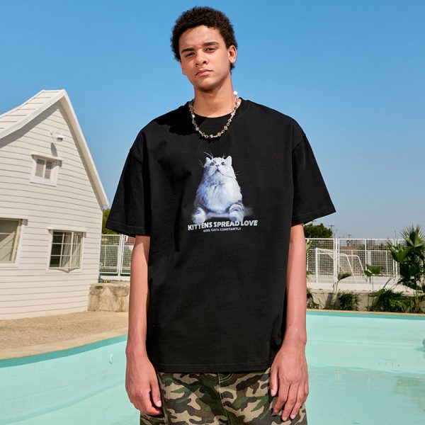 Trendy Cat Print Short Sleeve T-Shirt for Couples, American Vintage Loose Fit, Unisex Summer Style 2025, Y2K Aesthetic
