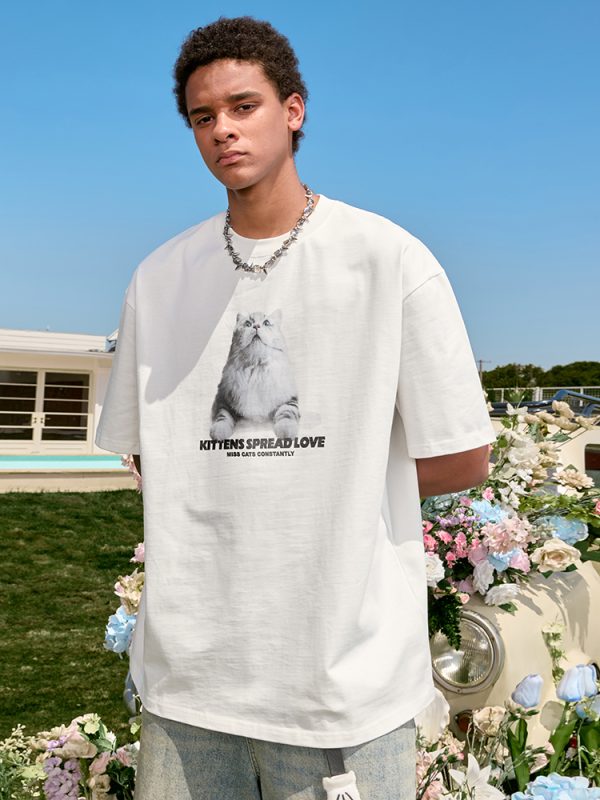 Trendy Cat Print Short Sleeve T-Shirt for Couples, American Vintage Loose Fit, Unisex Summer Style 2025, Y2K Aesthetic