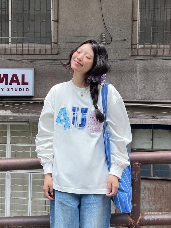 Trendy Couple Long Sleeve T-Shirt, Spring Autumn Plaid Floral Patchwork Embroidered, Loose Fit, Y2K Style
