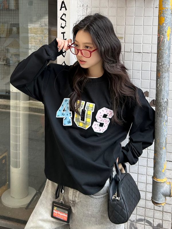 Trendy Couple Long Sleeve T-Shirt, Spring Autumn Plaid Floral Patchwork Embroidered, Loose Fit, Y2K Style