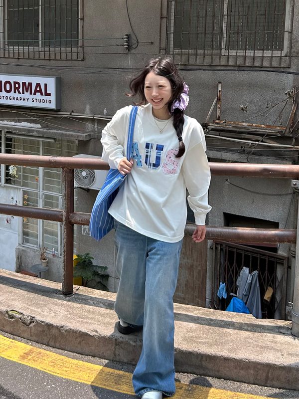 Trendy Couple Long Sleeve T-Shirt, Spring Autumn Plaid Floral Patchwork Embroidered, Loose Fit, Y2K Style