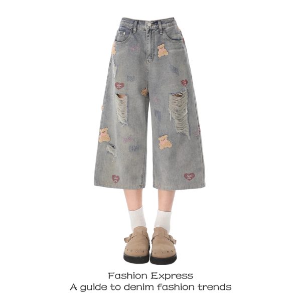 Trendy Cropped Ripped Denim Pants for Women, Hip Hop Style with Bear Embroidery, Summer 2025 Loose Fit Fashion