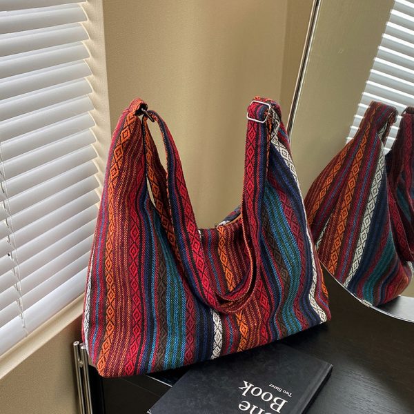 Trendy Ethnic Style Canvas Shoulder Bag for Women - Large Capacity Crossbody Tote for Commuting and Daily Use, 2025 Fashion