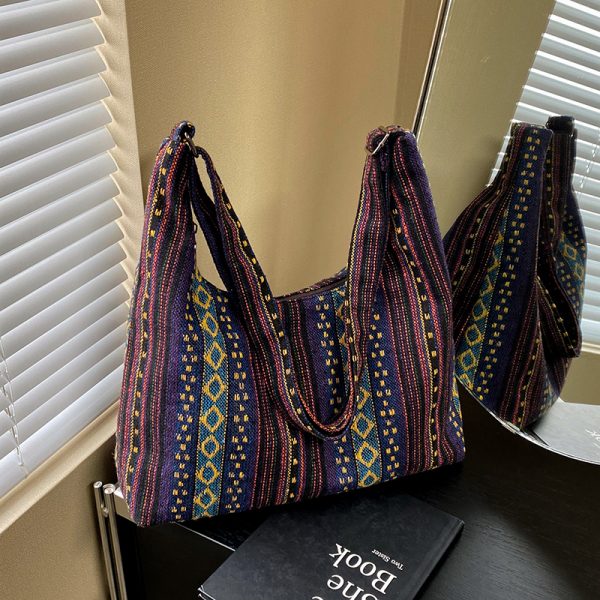 Trendy Ethnic Style Canvas Shoulder Bag for Women - Large Capacity Crossbody Tote for Commuting and Daily Use, 2025 Fashion