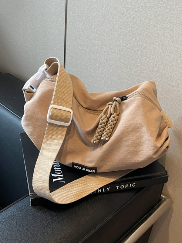 Trendy Japanese-Style Minimalist Oxford Cloth Crossbody Bag for Women, Versatile Wide Shoulder Strap Wrinkled Dumpling Design