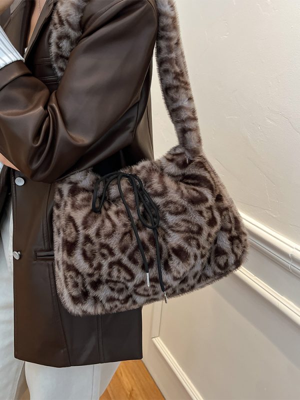 Trendy Leopard Print Fluffy Women's Shoulder Bag, 2025 Summer Large Capacity Tote and Crossbody Bag for Commuting