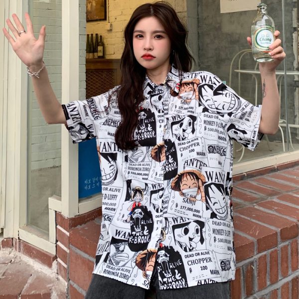 Trendy Loose-Fit Cartoon Print Short Sleeve Shirt for Summer - Versatile Hong Kong Style Top for Niche Girls and Students