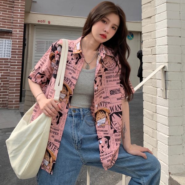 Trendy Loose-Fit Cartoon Print Short Sleeve Shirt for Summer - Versatile Hong Kong Style Top for Niche Girls and Students