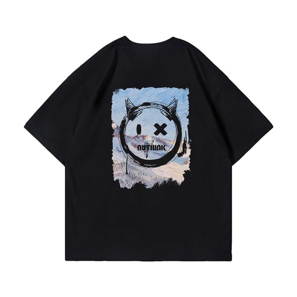 Trendy Loose Oversized Smiley Face Short Sleeve T-shirt for Men - Plus Size Summer Fashion, Niche National Trend