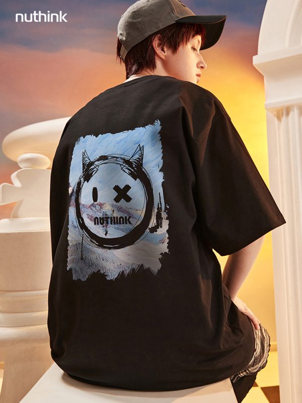 Trendy Loose Oversized Smiley Face Short Sleeve T-shirt for Men - Plus Size Summer Fashion, Niche National Trend