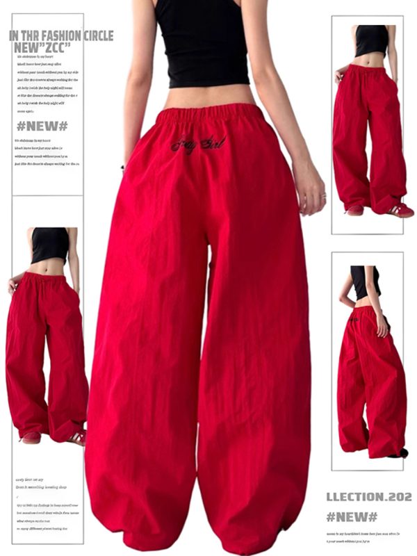 Trendy Red Women's Street Jazz Dance Cargo Pants with Embroidery and Drawstring - Casual Style for 2023
