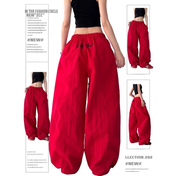 Trendy Red Women's Street Jazz Dance Cargo Pants with Embroidery and Drawstring - Casual Style for 2023