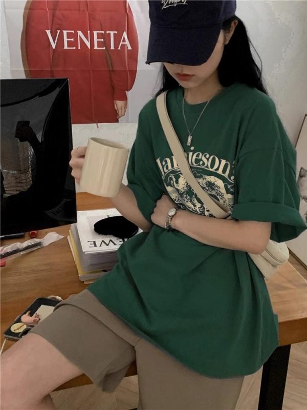 Trendy Retro Pure Cotton Short Sleeve T-Shirt for Men and Women, Plus Size, Loose Fit Hong Kong Style Couple Tee