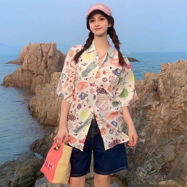 Trendy Short Sleeve Floral Shirt for Women - Hawaiian Beach Style Loose Blouse, 2025 Fashion, Perfect for Summer and Y2K Vibes