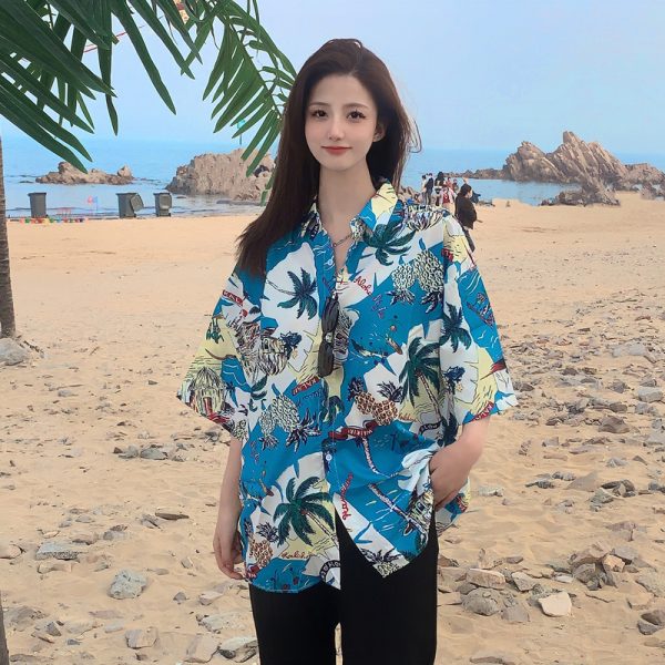 Trendy Short Sleeve Floral Shirt for Women - Hawaiian Beach Style Loose Blouse, 2025 Fashion, Perfect for Summer and Y2K Vibes