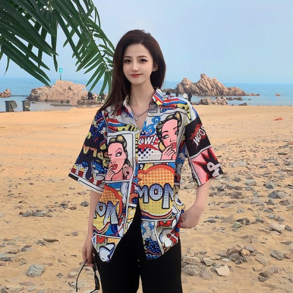 Trendy Short Sleeve Floral Shirt for Women - Hawaiian Beach Style Loose Blouse, 2025 Fashion, Perfect for Summer and Y2K Vibes