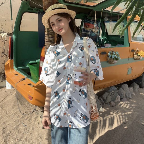 Trendy Short Sleeve Floral Shirt for Women - Hawaiian Beach Style Loose Blouse, 2025 Fashion, Perfect for Summer and Y2K Vibes