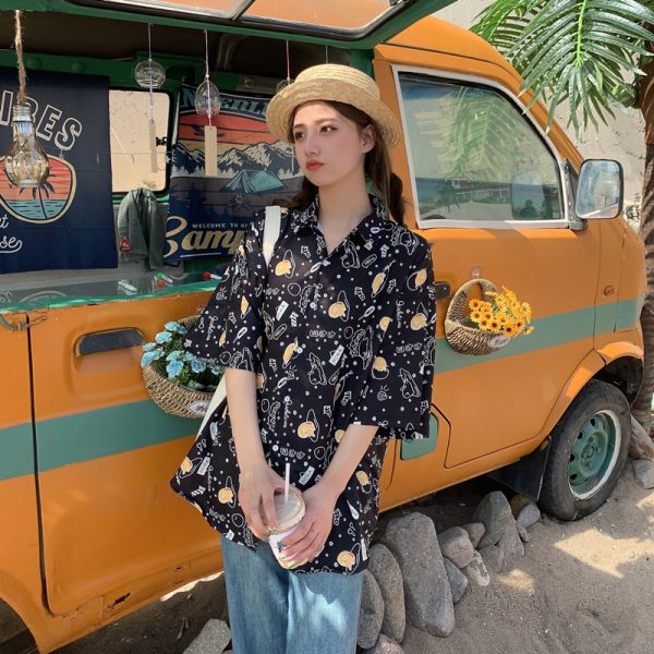 Trendy Short Sleeve Floral Shirt for Women - Hawaiian Beach Style Loose Blouse, 2025 Fashion, Perfect for Summer and Y2K Vibes
