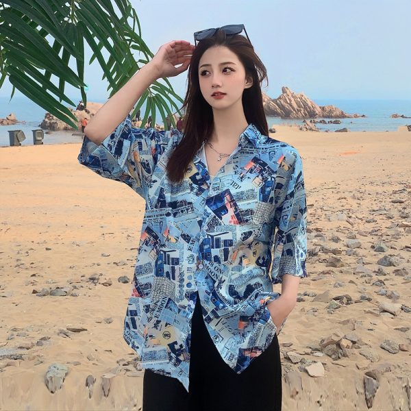 Trendy Short Sleeve Floral Shirt for Women - Hawaiian Beach Style Loose Blouse, 2025 Fashion, Perfect for Summer and Y2K Vibes