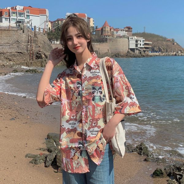 Trendy Short Sleeve Floral Shirt for Women - Hawaiian Beach Style Loose Blouse, 2025 Fashion, Perfect for Summer and Y2K Vibes