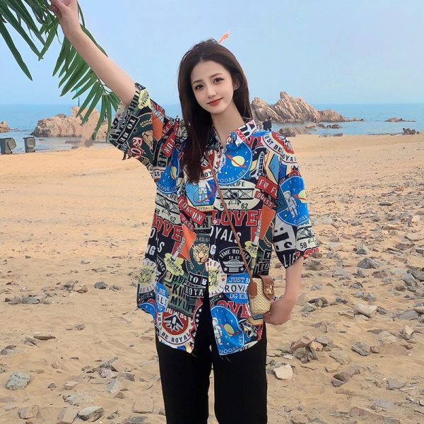 Trendy Short Sleeve Floral Shirt for Women - Hawaiian Beach Style Loose Blouse, 2025 Fashion, Perfect for Summer and Y2K Vibes