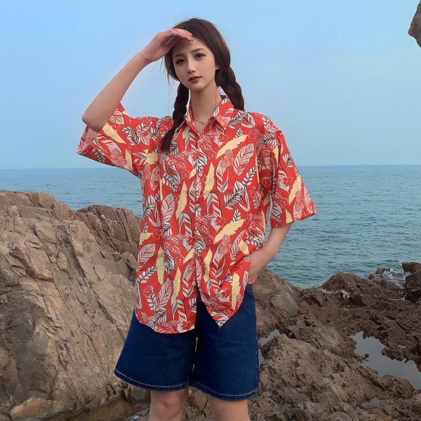 Trendy Short Sleeve Floral Shirt for Women - Hawaiian Beach Style Loose Blouse, 2025 Fashion, Perfect for Summer and Y2K Vibes