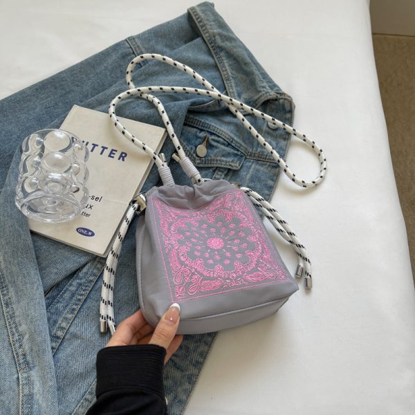 Trendy Summer 2025 Embroidered Khaki Bucket Bag for Women, Nylon Crossbody Phone Bag, Y2K Style