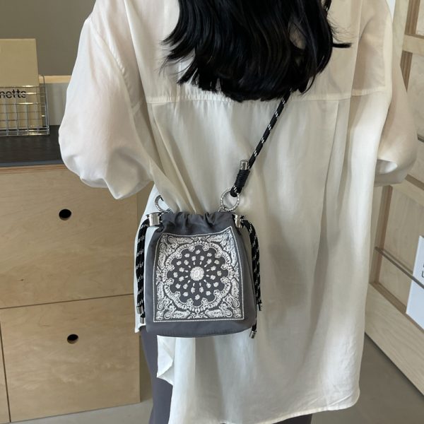 Trendy Summer 2025 Embroidered Khaki Bucket Bag for Women, Nylon Crossbody Phone Bag, Y2K Style