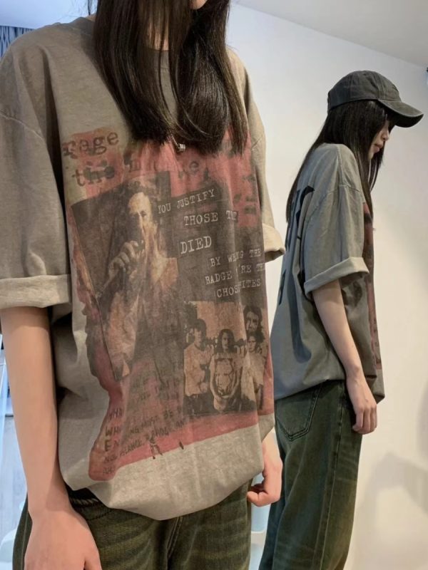 Trendy Vintage Washed Distressed High Street Couple's Short Sleeve T-Shirt for Women - American Style Retro Fashion