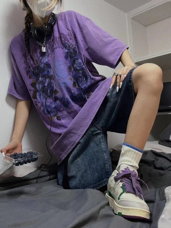 Trendy Vintage Washed Purple T-Shirt for Couples, 2025 Summer Hip-Hop Graffiti Short Sleeve, American Style