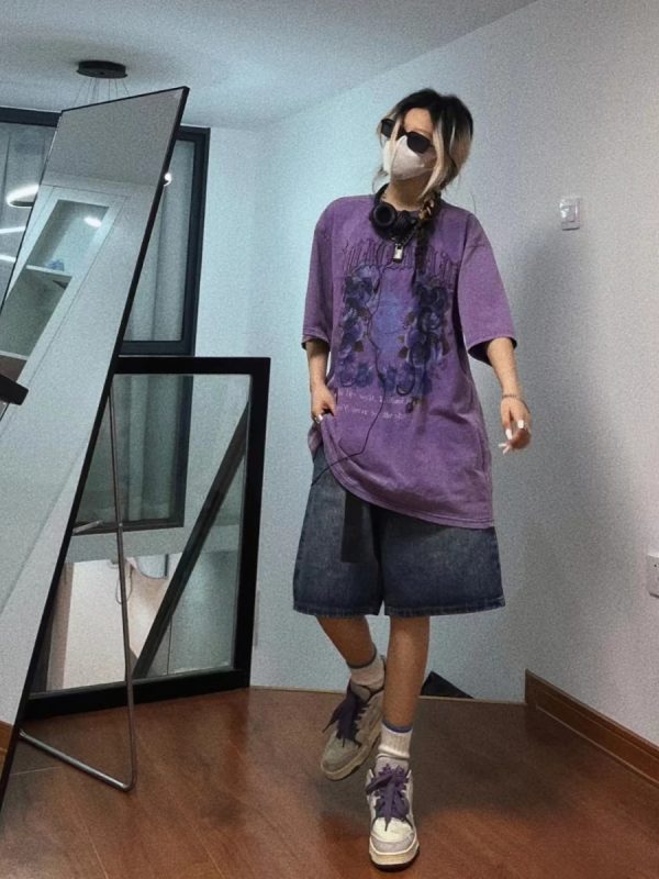 Trendy Vintage Washed Purple T-Shirt for Couples, 2025 Summer Hip-Hop Graffiti Short Sleeve, American Style