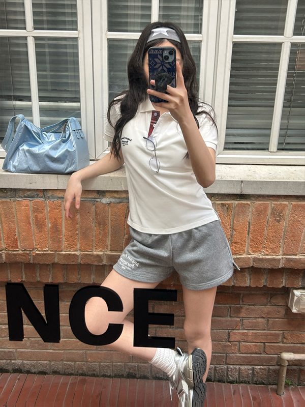 Trendy Women's Polo Shirt with Slogan Letter Embroidery and Plaid Splicing - Summer Fashion Essential for Casual Style