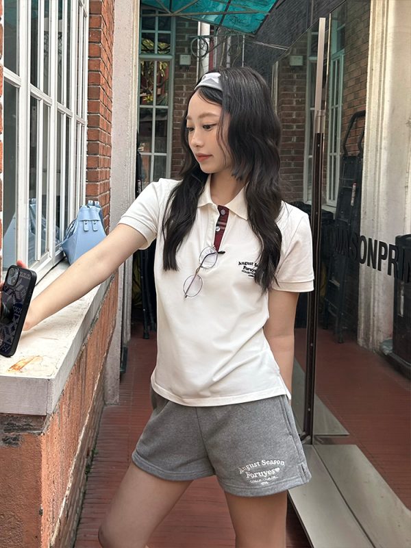 Trendy Women's Polo Shirt with Slogan Letter Embroidery and Plaid Splicing - Summer Fashion Essential for Casual Style