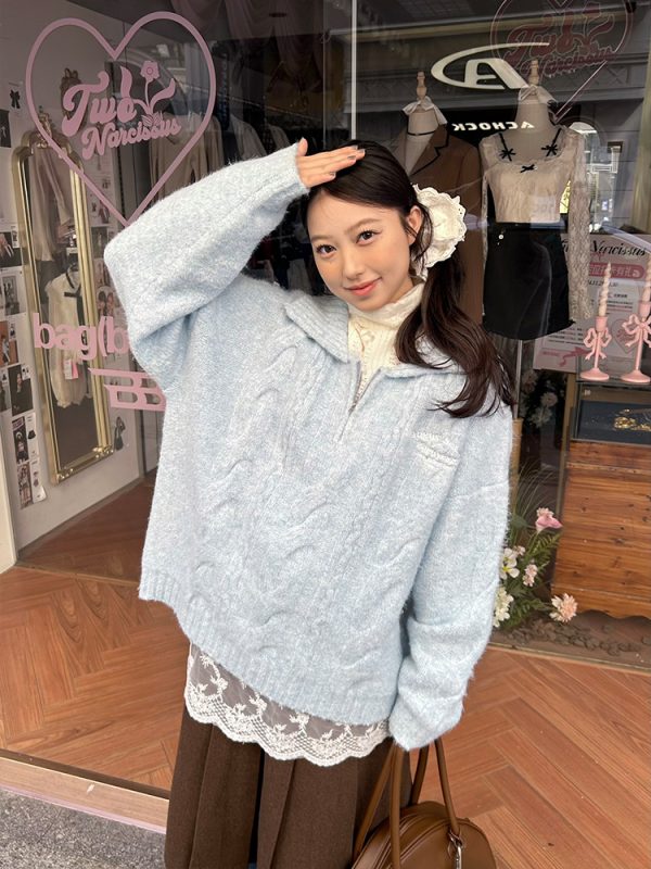 Twisted Collar Loose Fit Pullover Sweater - Versatile Knitted Top for Autumn Winter College Style Fashion