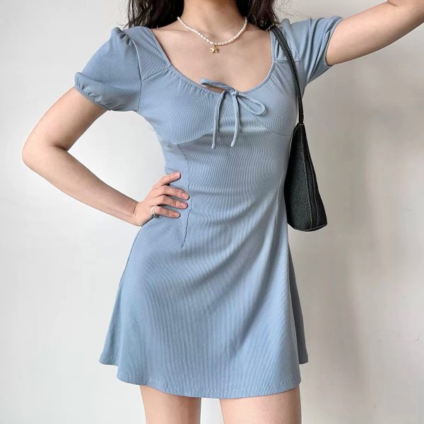 U-neck Puff Sleeve Bow Short Sleeve Dress - Slim A-line Skirt, European American Style, Trendy Women's Fashion, Perfect for Y2K Looks