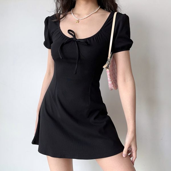 U-neck Puff Sleeve Bow Short Sleeve Dress - Slim A-line Skirt, European American Style, Trendy Women's Fashion, Perfect for Y2K Looks